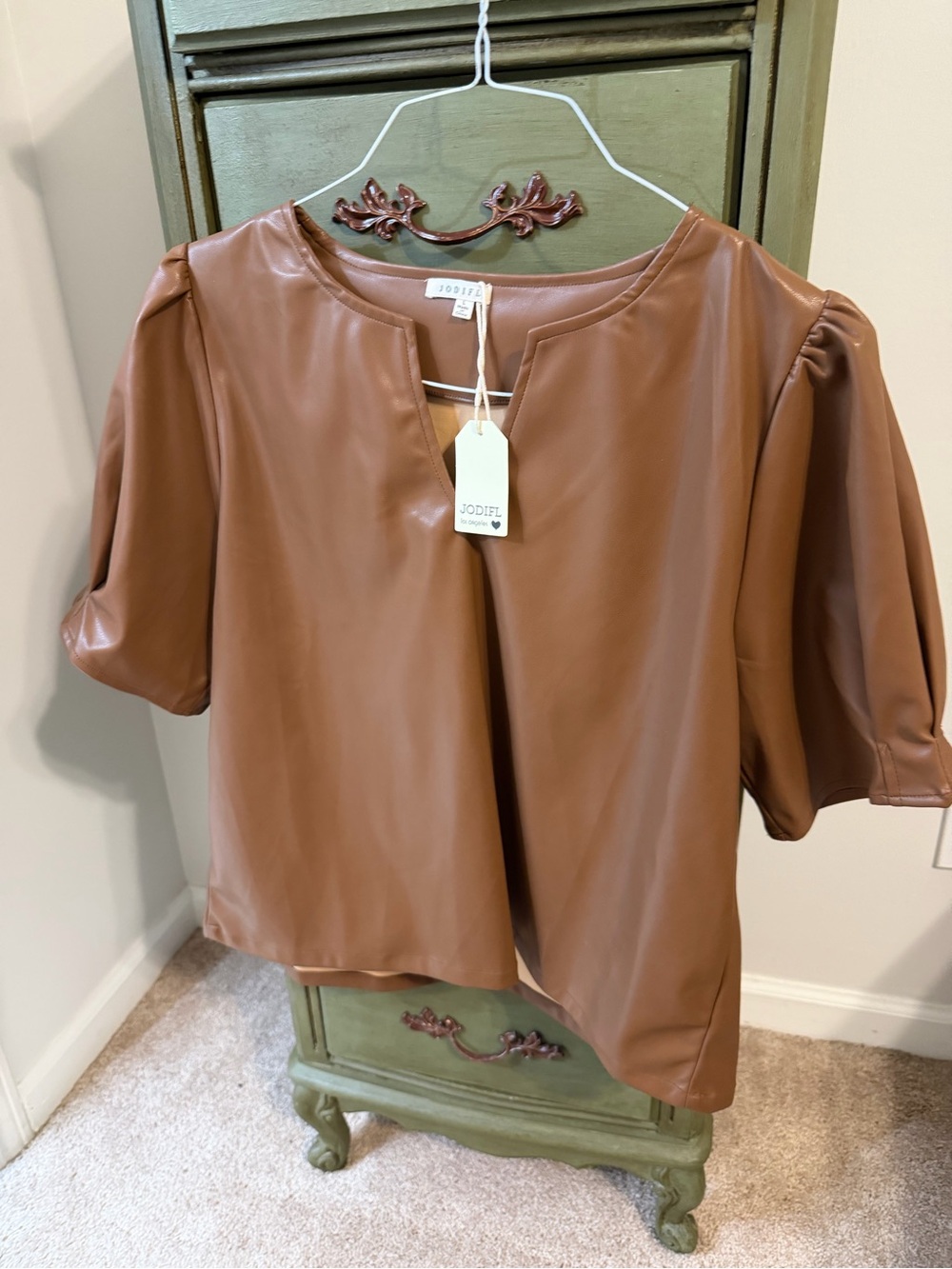 JODIFL Faux Leather Puff Sleeve Top - Cognac Brown NWT